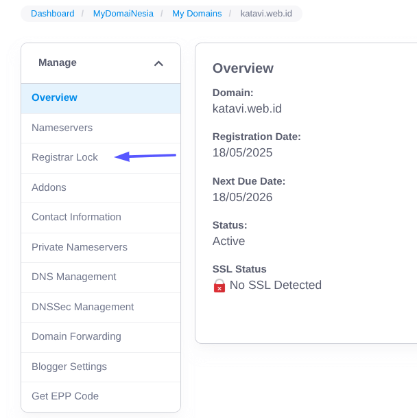 Menu Registrar Lock