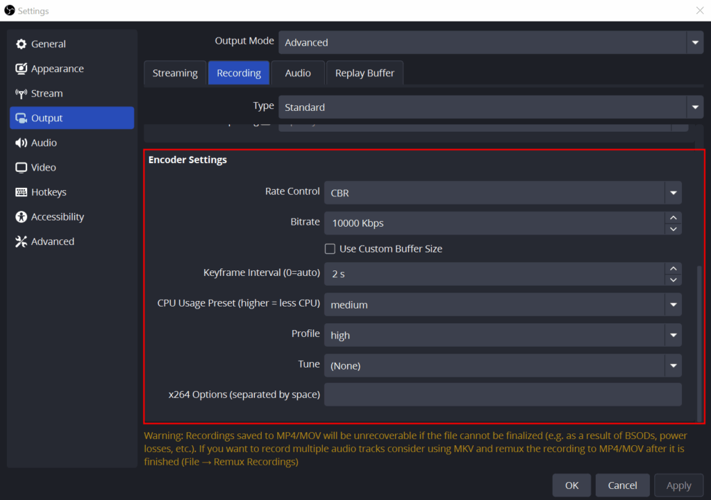 OBS Video Encoder Settings